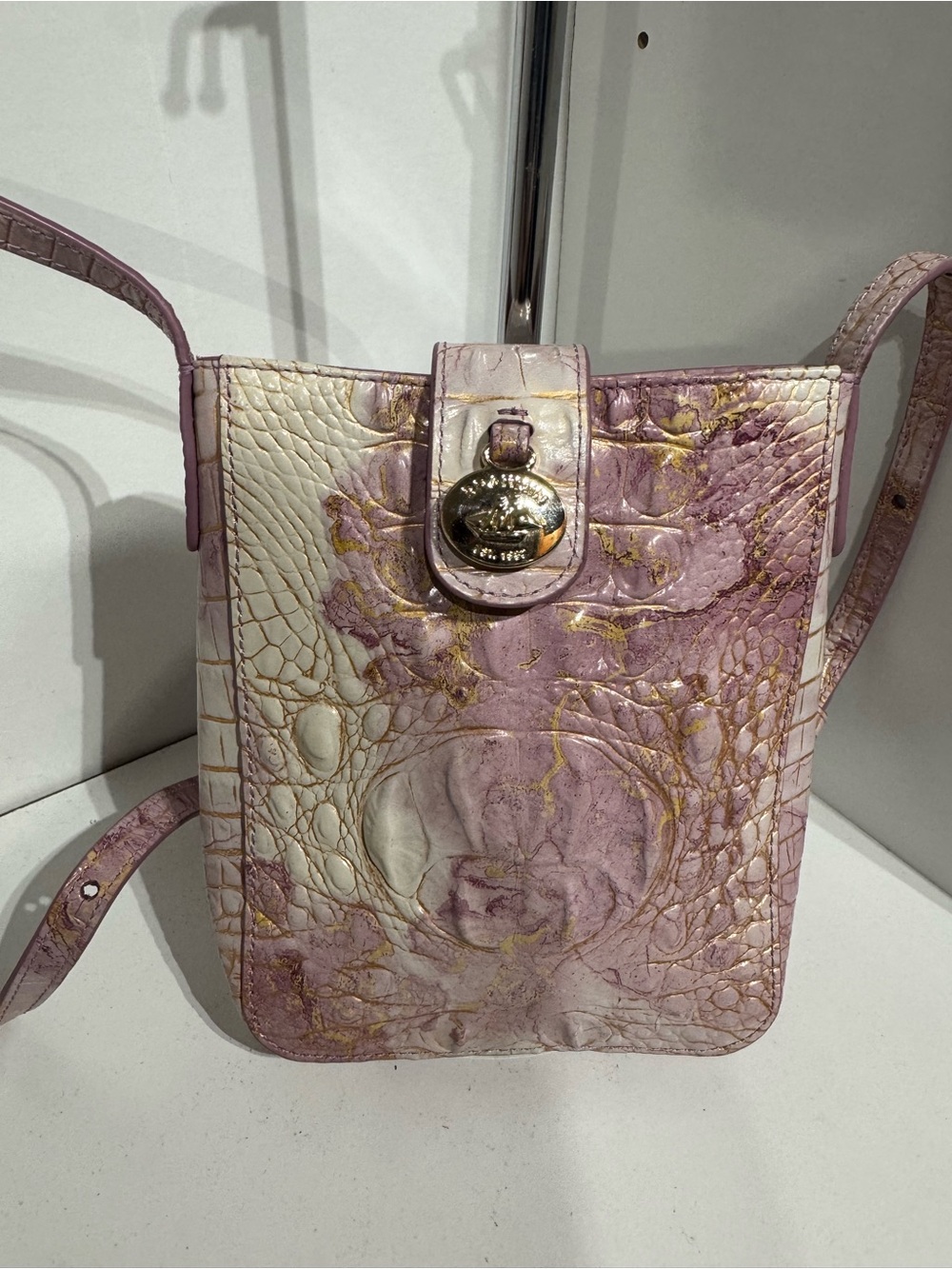Brahmin Pink and Cream Croc-Embossed Crossbody with Gold Accents